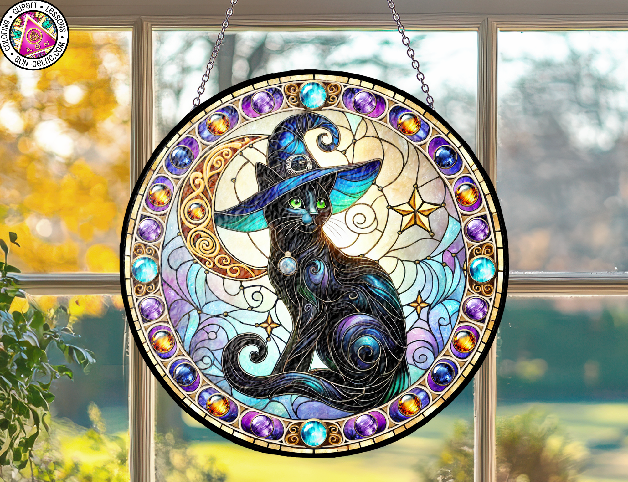 a stained glass window with a cat on it