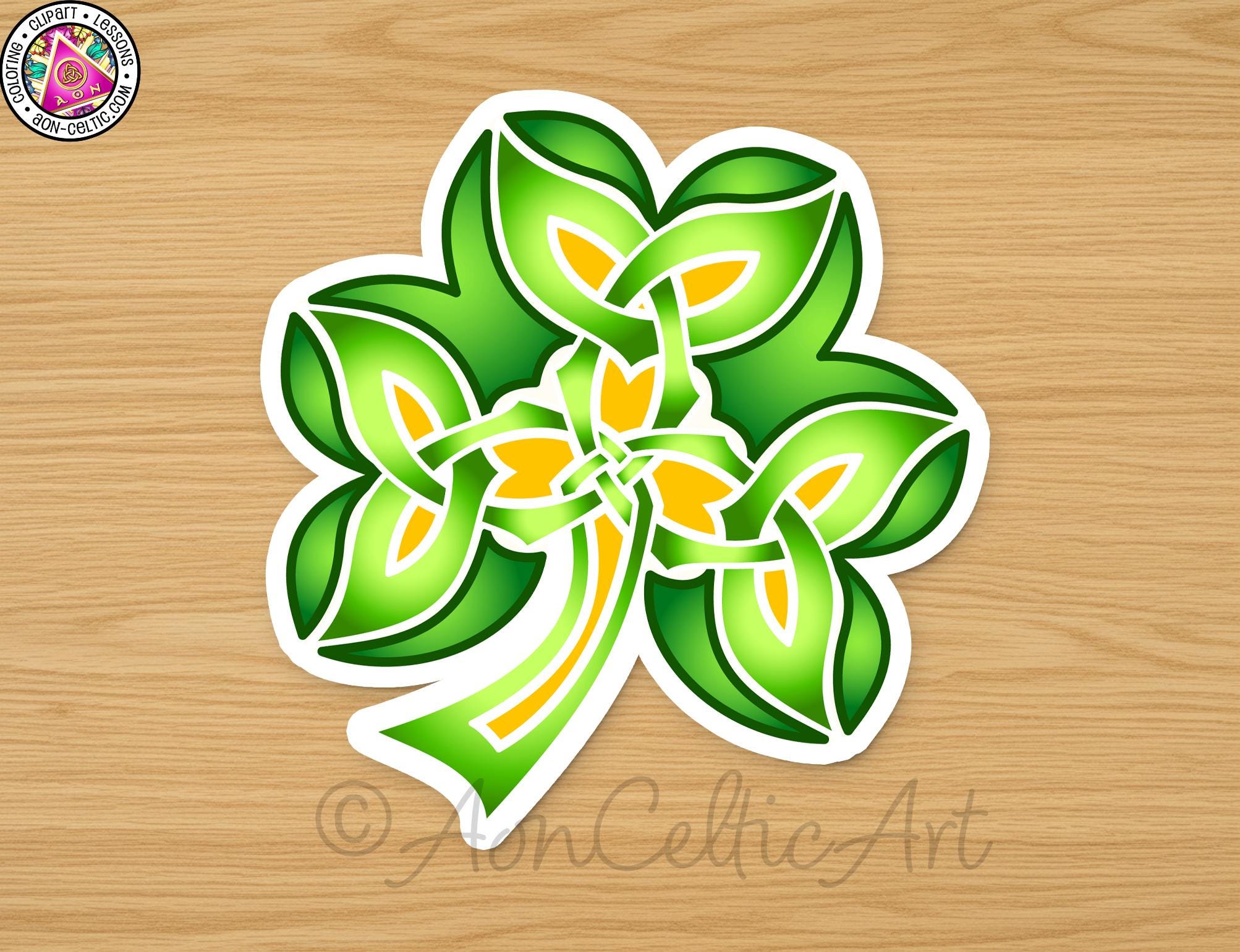 A stylized cloverleaf design with intricate green and yellow patterns, representing Irish heritage or culture.