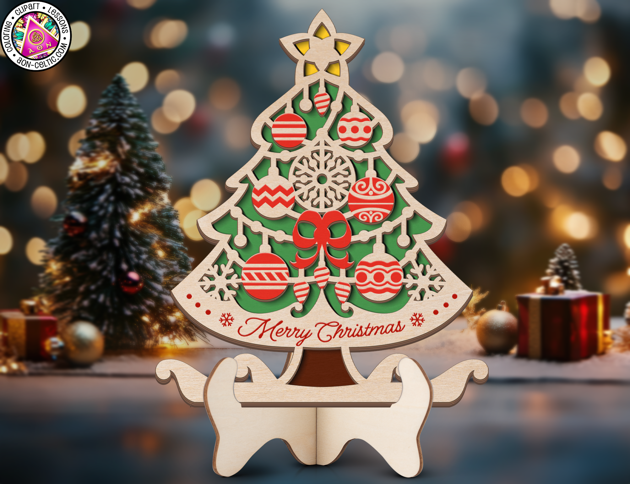a wooden christmas tree with a sleigh on top of it