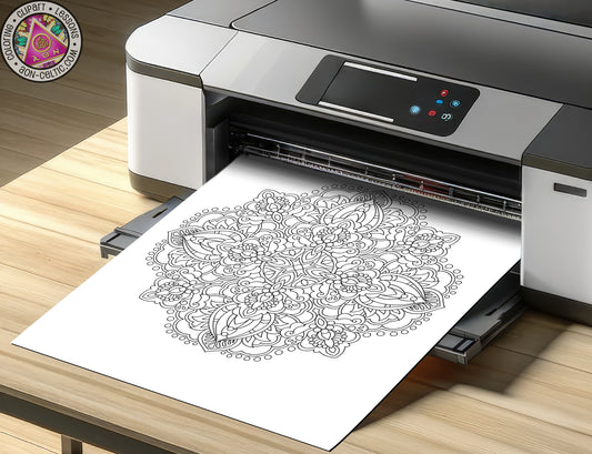 A printer is shown in the image, with a mandala design printed on a sheet of paper that is being fed into the printer.