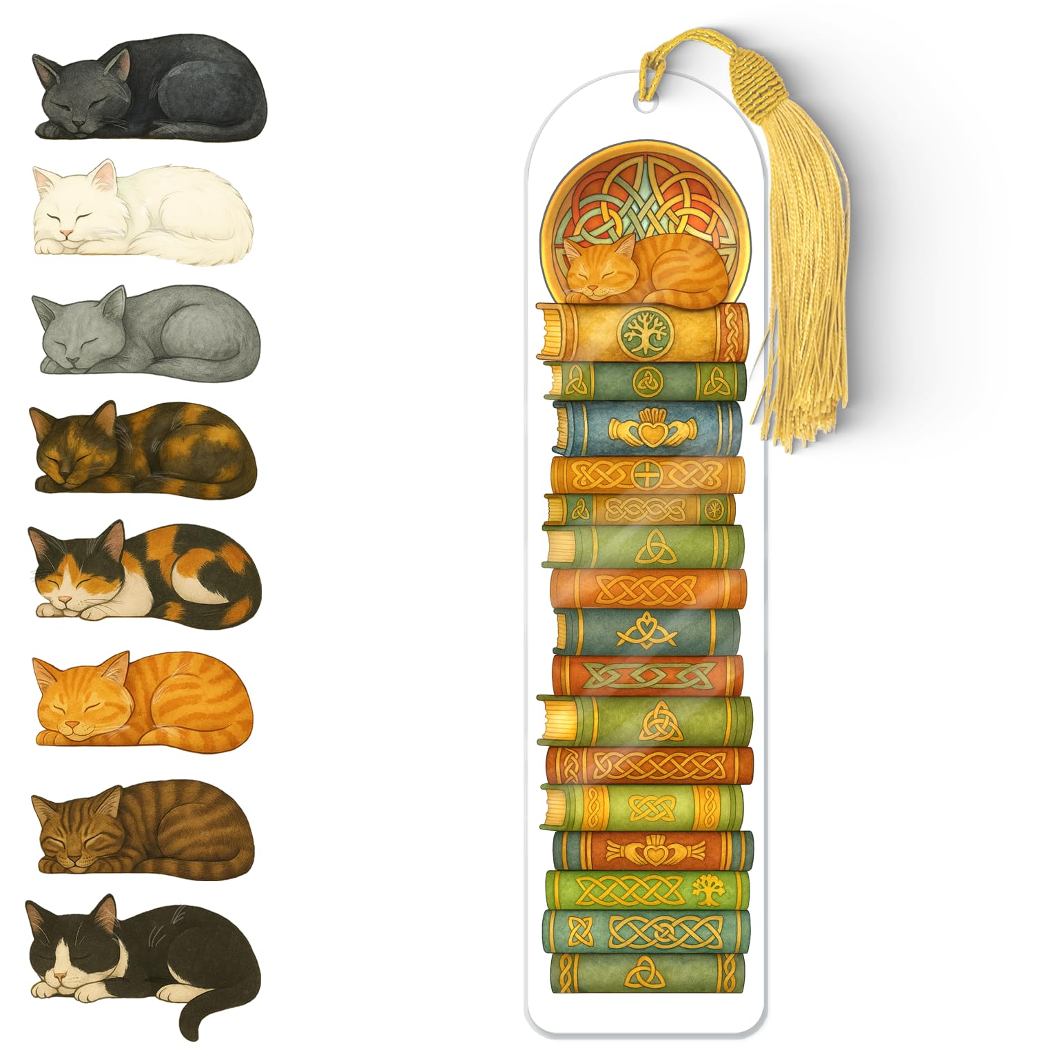 Celtic Cat Bookmark – Durable Acrylic Sleeping Cat Design with Gold Tassel