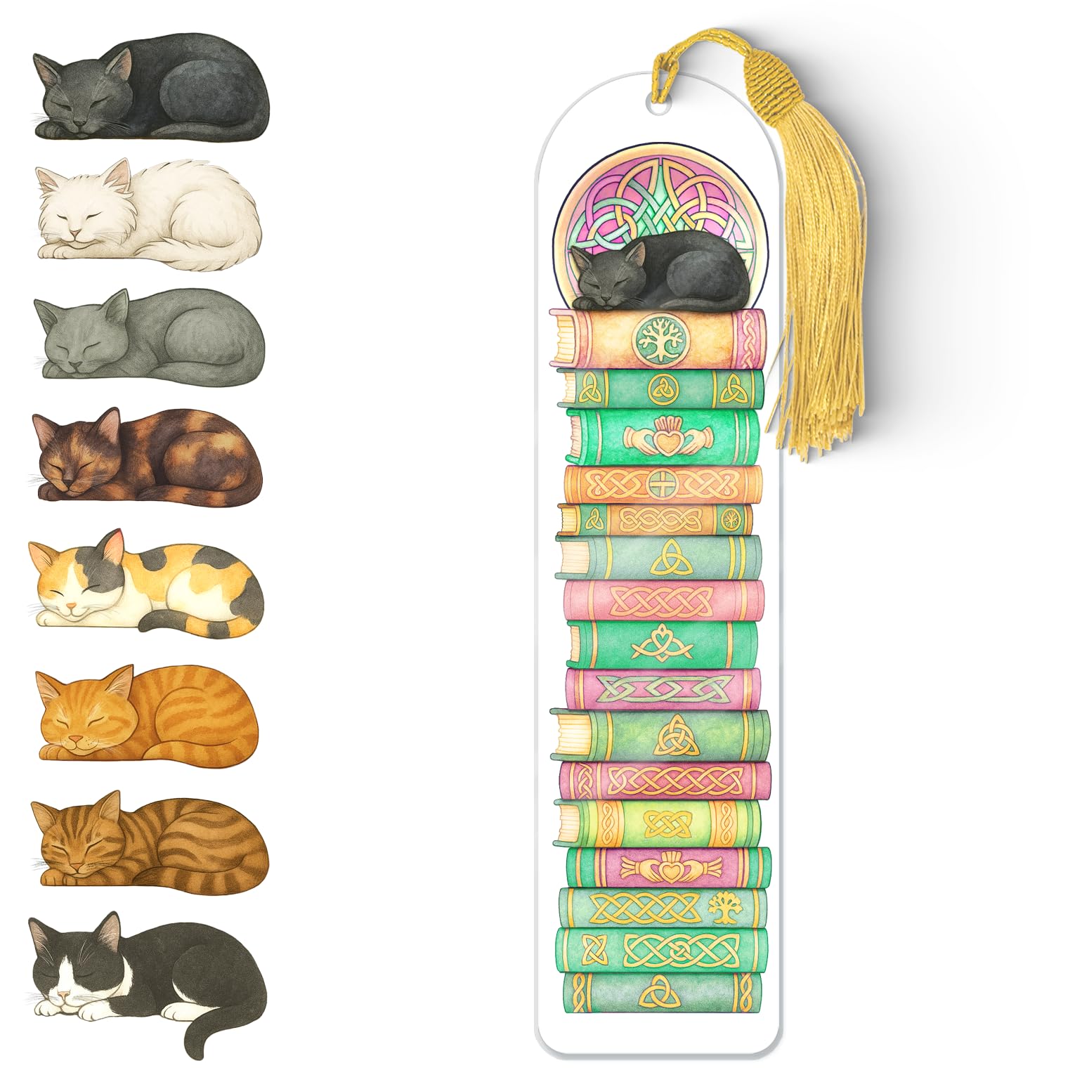 Celtic Cat Bookmark – Durable Acrylic Book Accessory with Gold Tassel