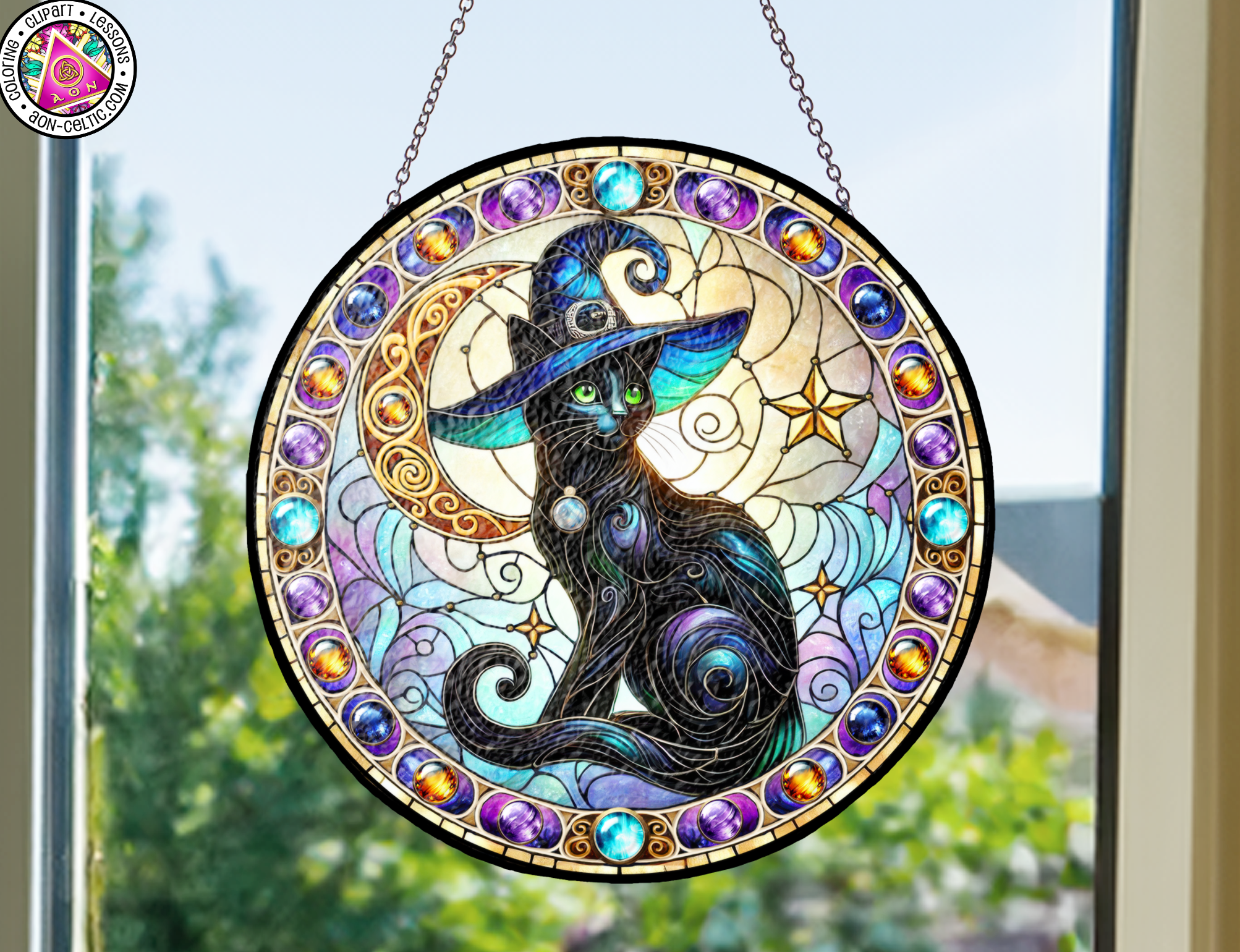 a stained glass window with a cat on it