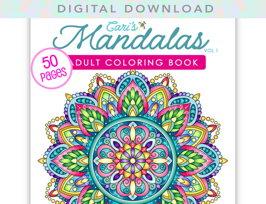 The image is a cover of a coloring book titled "Carli's Mandalas Vol 1", featuring a large mandala design with intricate patterns and colors.