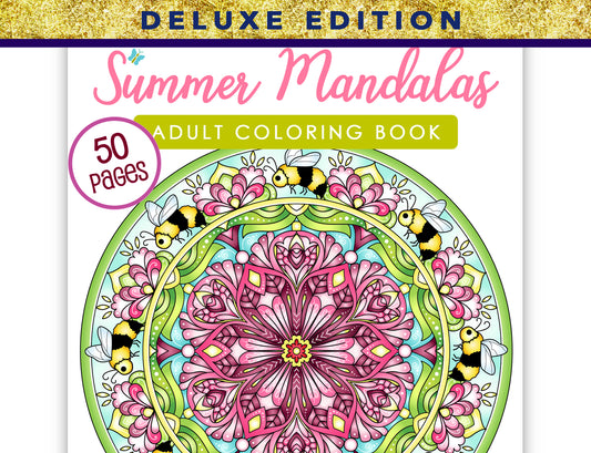 The image is an advertisement for a coloring book featuring a mandala design with bees and flowers.