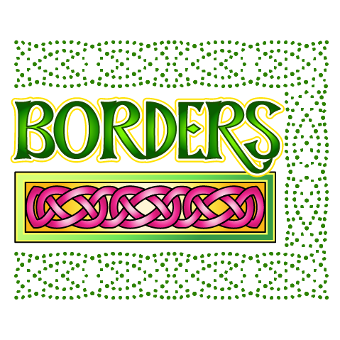 a poster with the words borders in green and pink