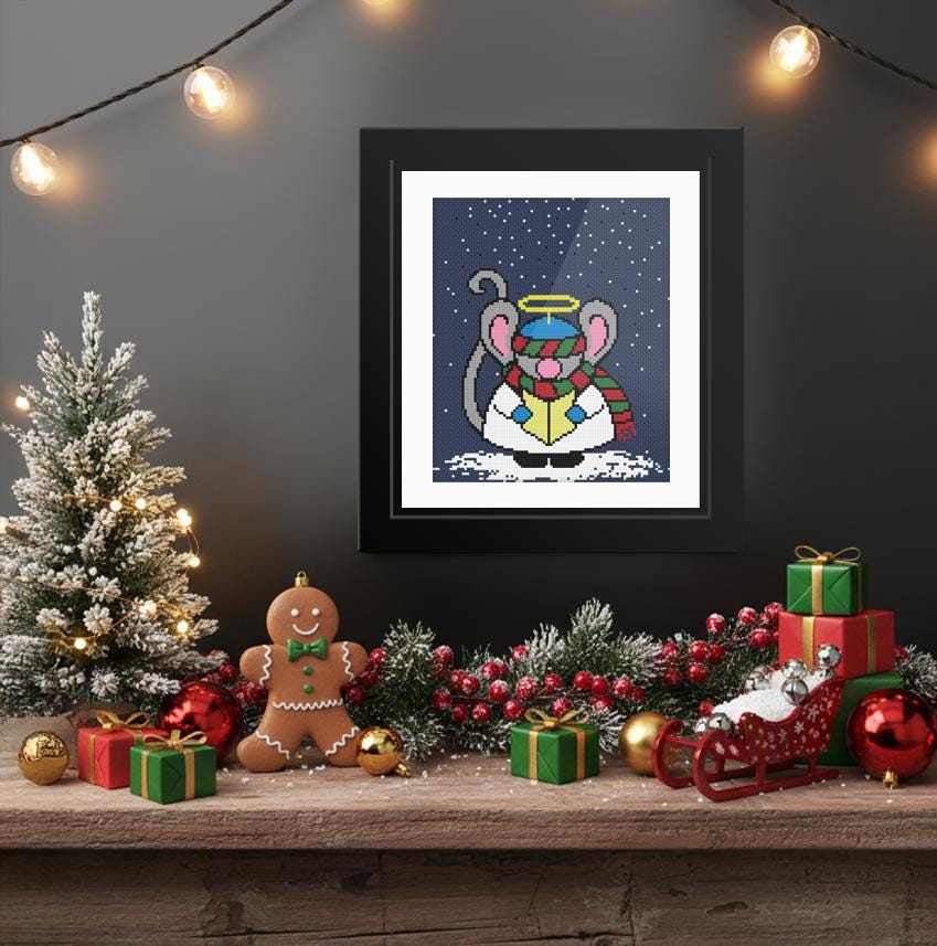 a festive Christmas scene with a framed picture of a cartoon mouse, a gingerbread man, and various holiday decorations such as a Christmas tree, ornaments, and a gift box.