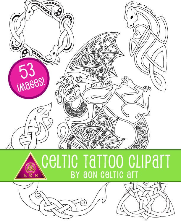Celtic Tattoo Clipart - Black and White Dragon, Animal & Vine Designs for Crafting