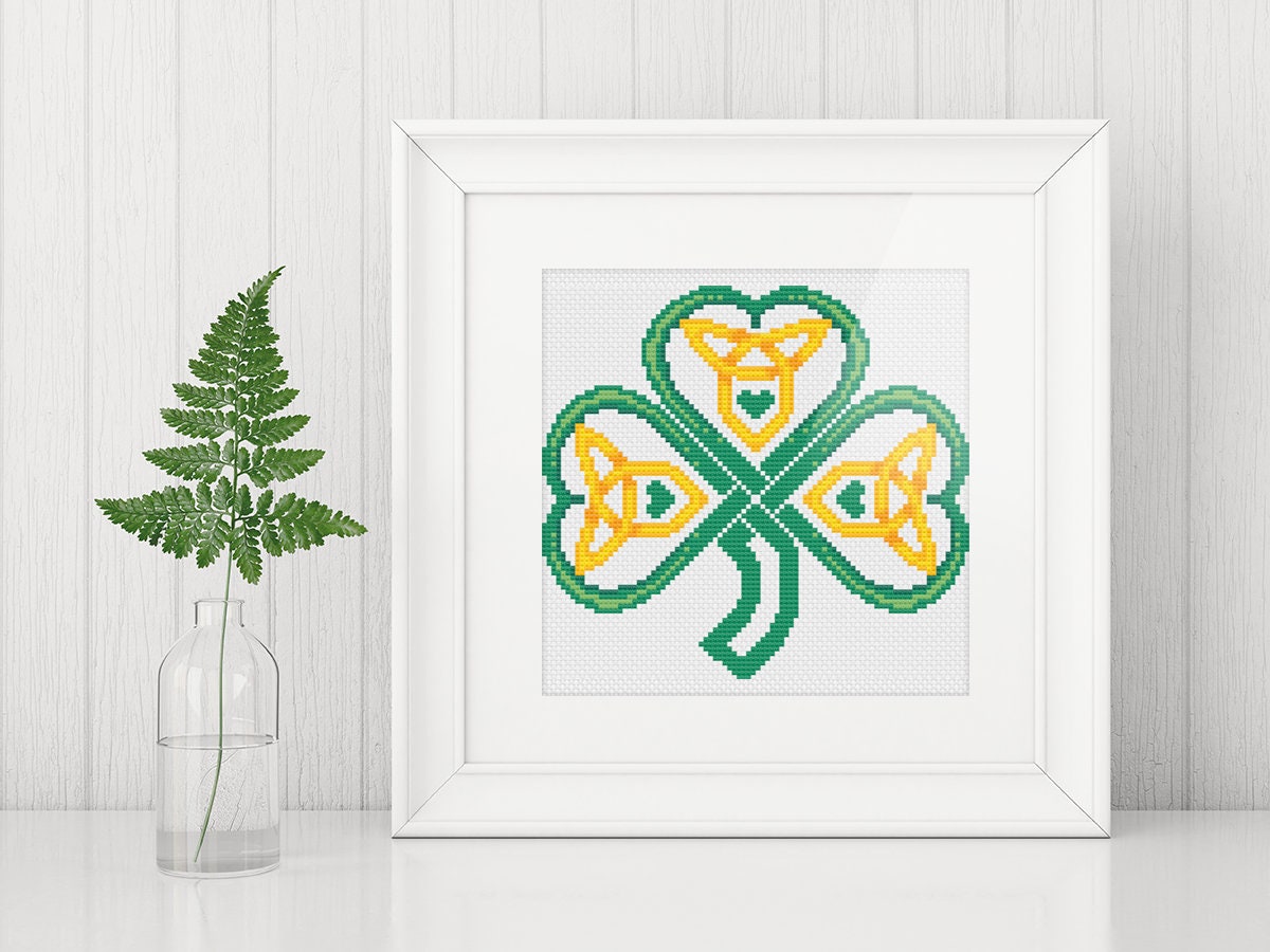 Celtic Cross Stitch - Shamrock Cross Stitch With Trinity Knot Design | 14 Count Aida