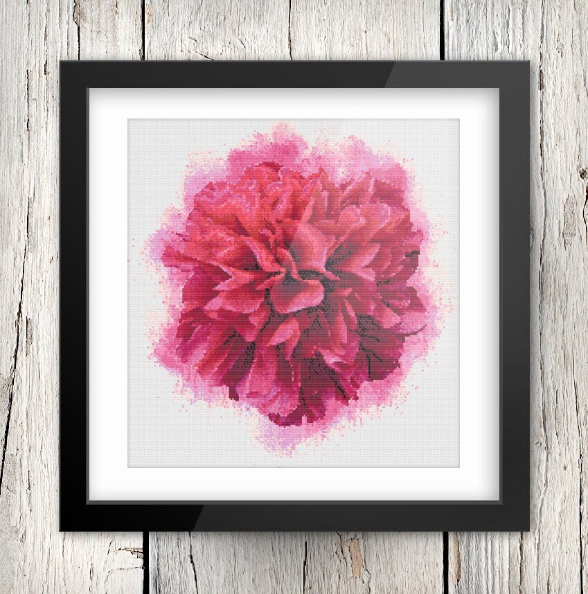 Peony Cross Stitch Floral Embroidery Pattern PDF With Watercolor Background Design