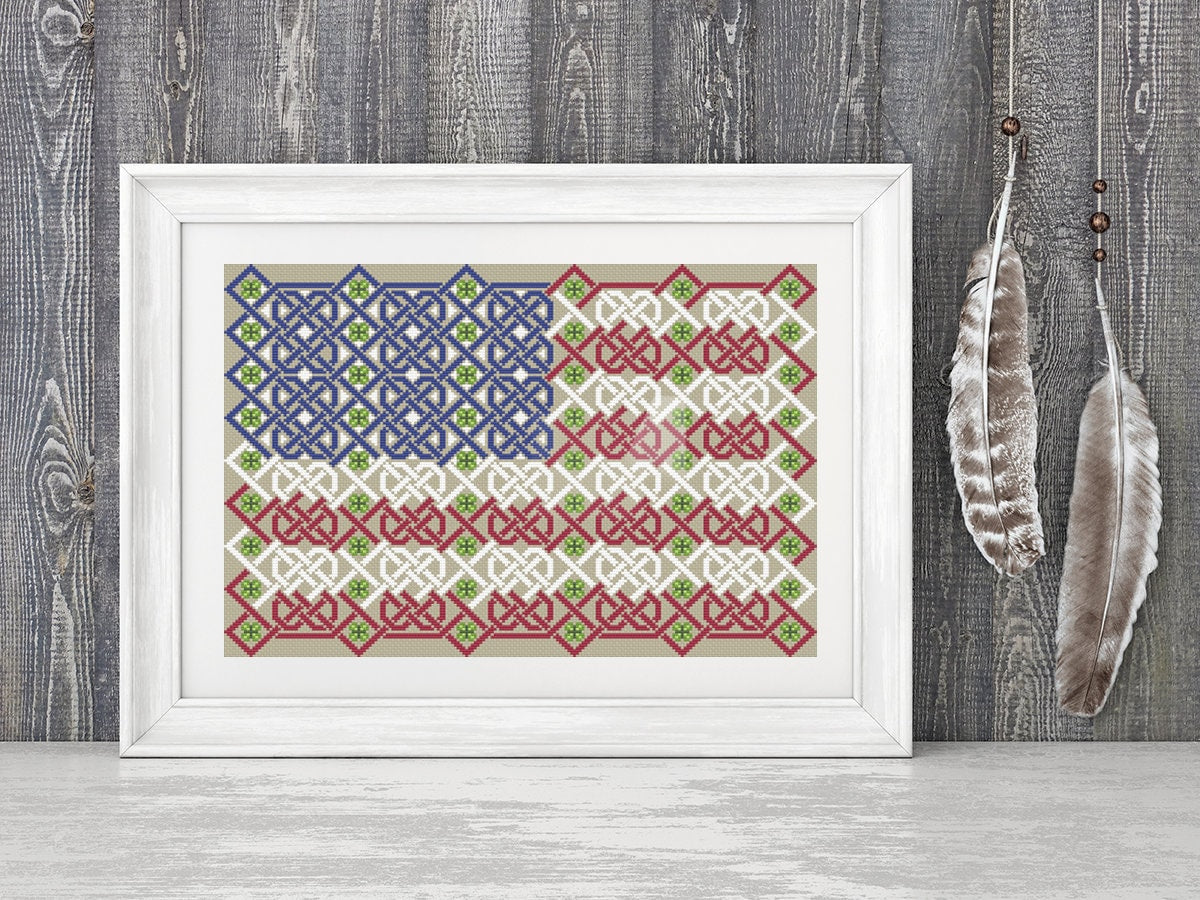 Celtic Cross Stitch Pattern – Irish Embroidery Design With American Flag & Clover Motif