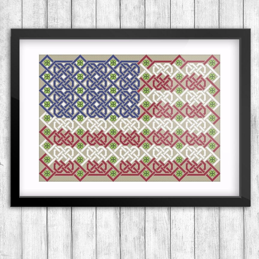 Celtic Cross Stitch Pattern – Irish Embroidery Design With American Flag & Clover Motif