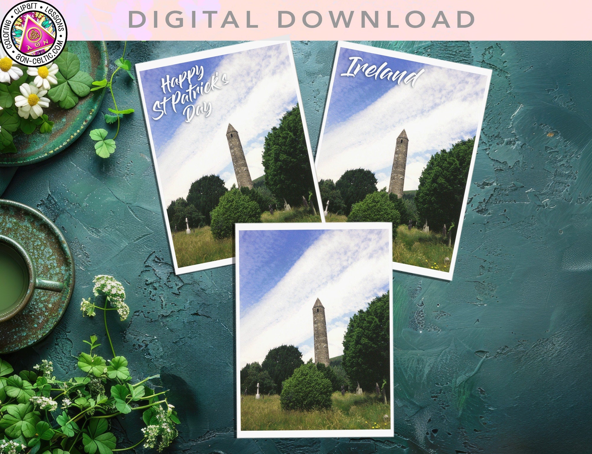 Irish Greeting Card - Glendalough Round Tower PDF | St Patrick's Day & Thank You Cards
