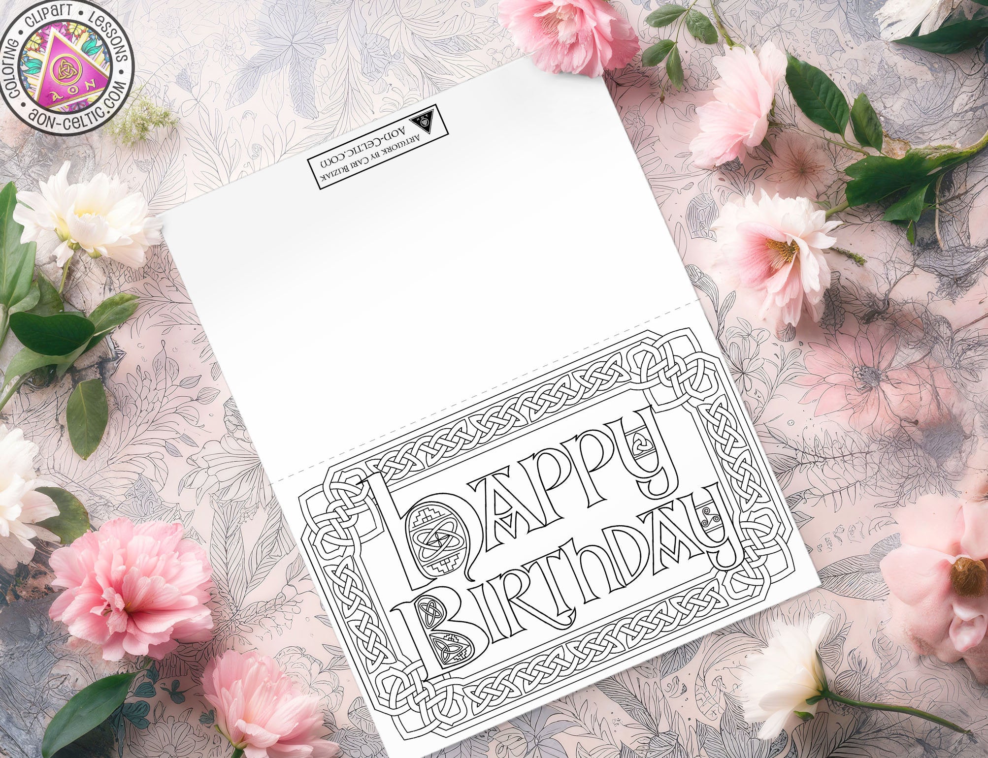 Celtic Greeting Card - Printable Coloring Birthday Card With Knot Border Design