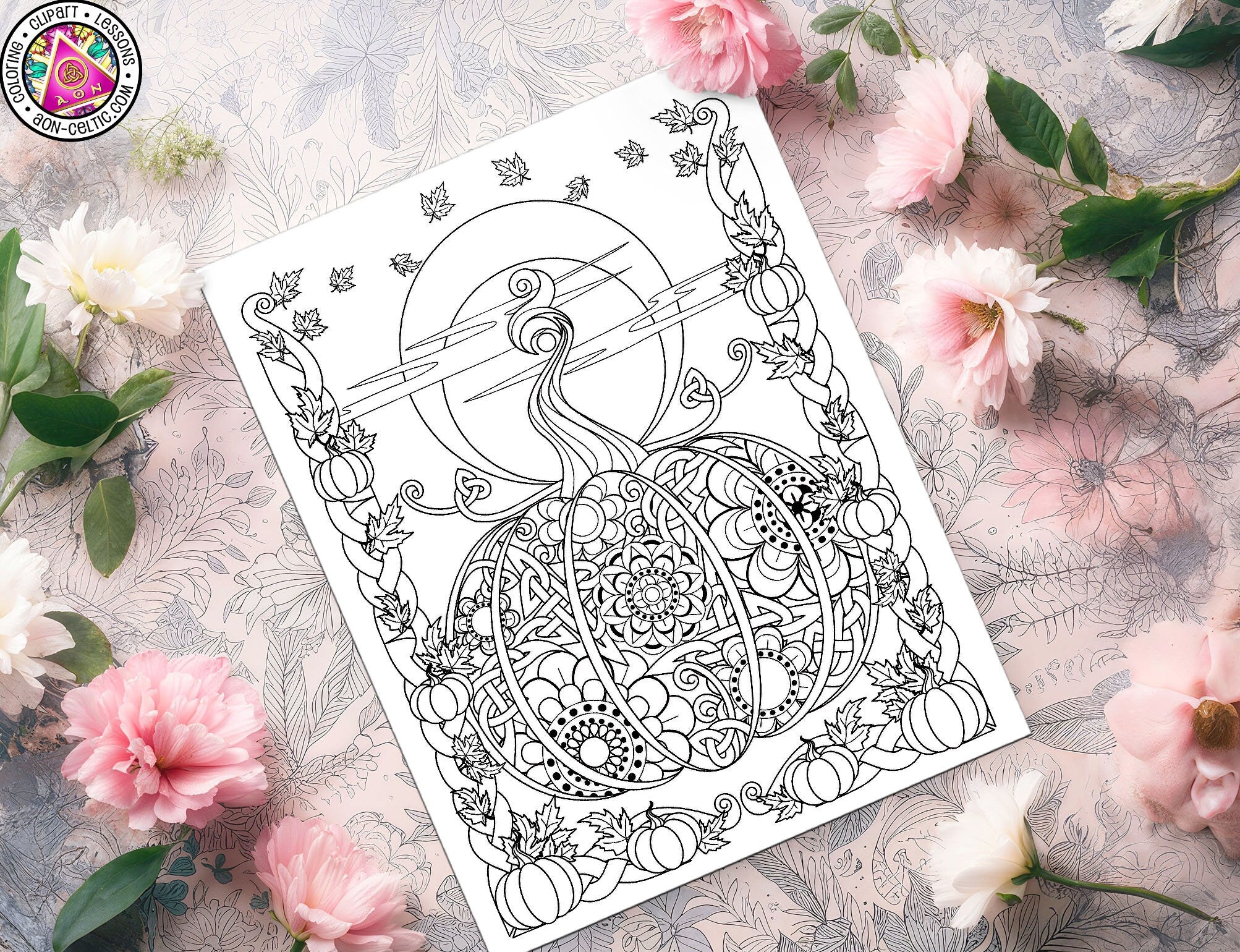 a coloring page with flowers and a cup of coffee