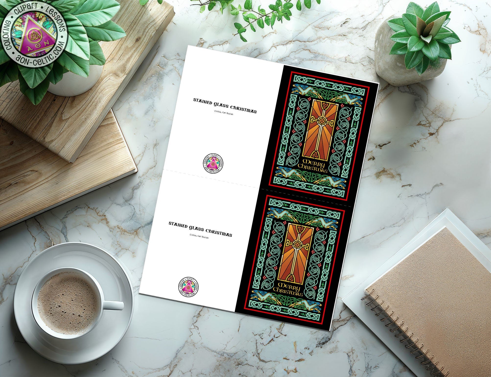 a table topped with a cup of coffee and a menu