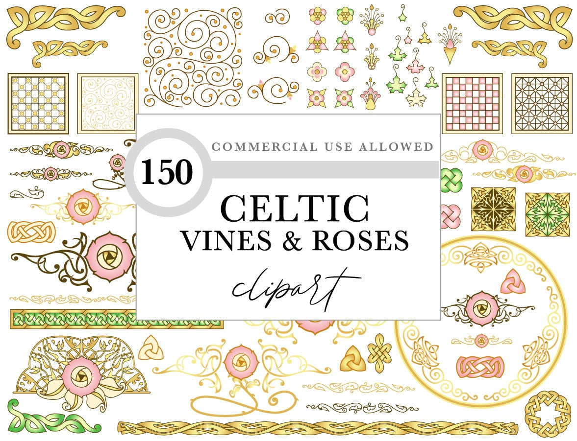 Celtic Clipart Pack - Romantic Rose Gold Vines & Medieval Decorative Boxes for Wedding Invitations