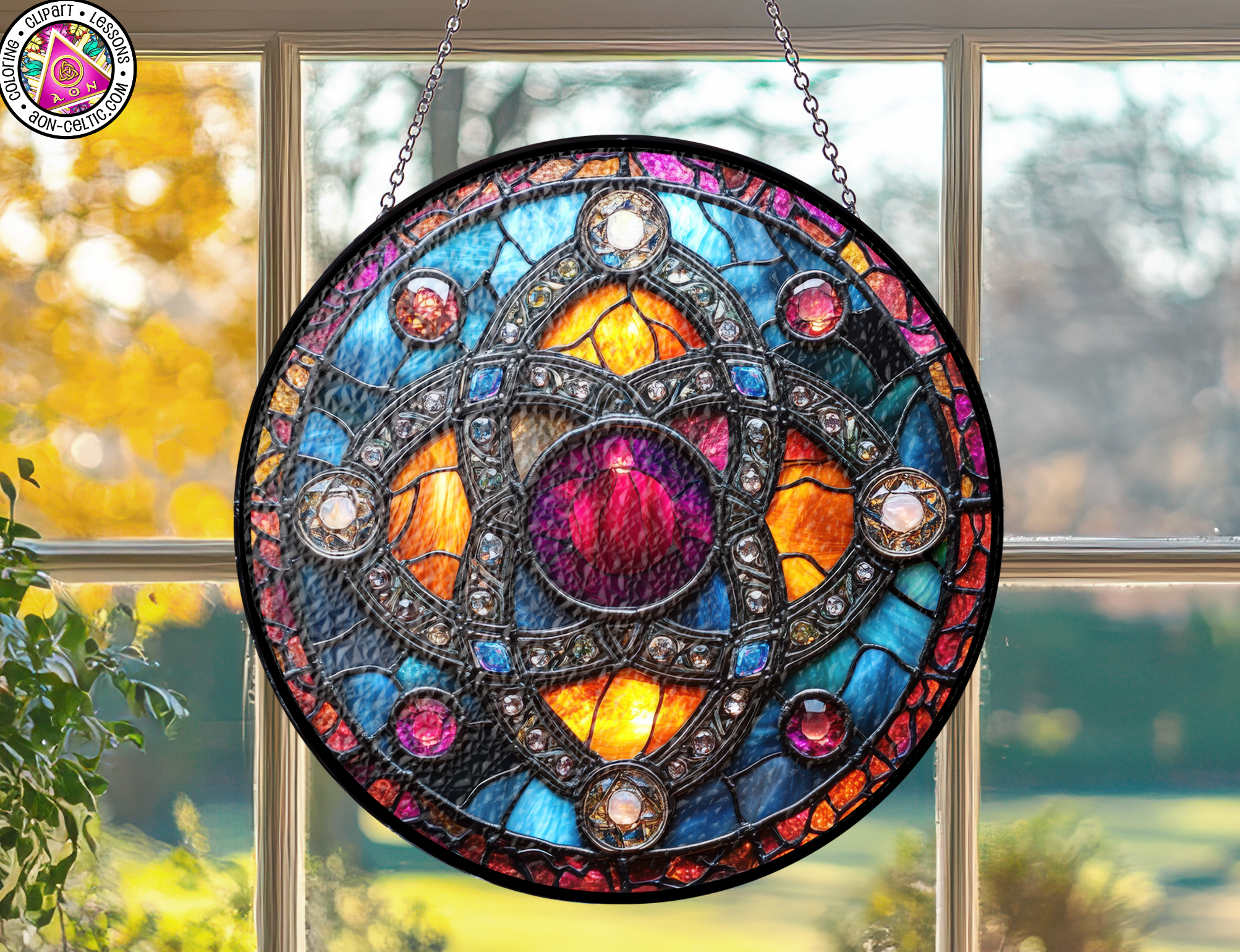 a stained glass sun catcher hanging from a window