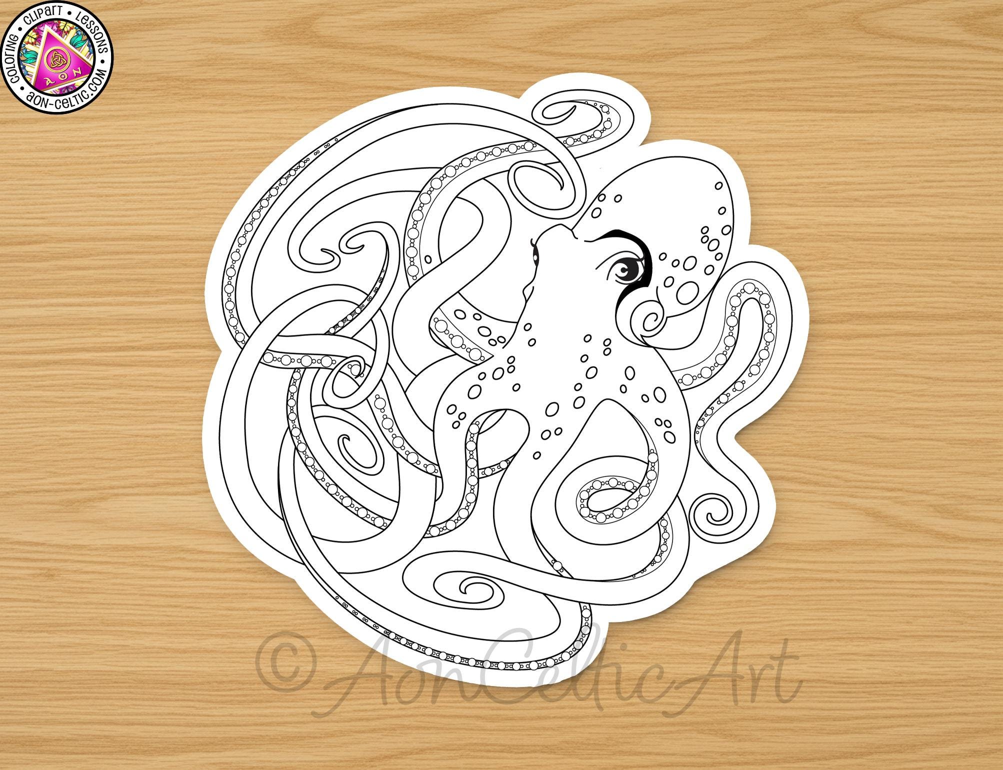 A black and white illustration of an octopus with intricate, swirling patterns on its tentacles.