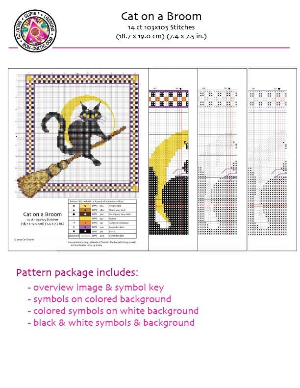 The image is a pattern package for a Cat on a Broom project. It includes a detailed overview of the symbols and a key to the symbols on a colored background and a black and white background. The package also includes a color palette and a color scheme for the final embroidered design.