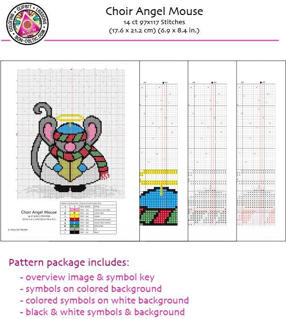 The image is a cross-stitch pattern for a &quot;Choir Angel Mouse&quot;. It includes a detailed overview of the pattern, including the key, symbols, and background colors. The package also includes a color key, symbols on a colored background, colored symbols on a white background, and black and white symbols and a background.