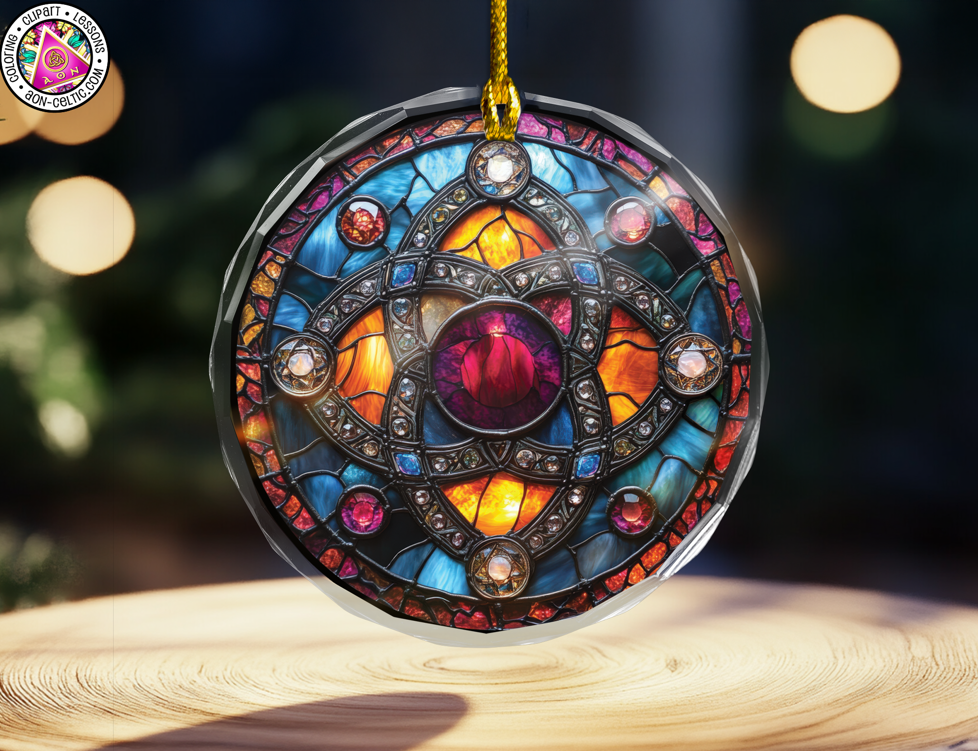 a stained glass ornament hanging on a table