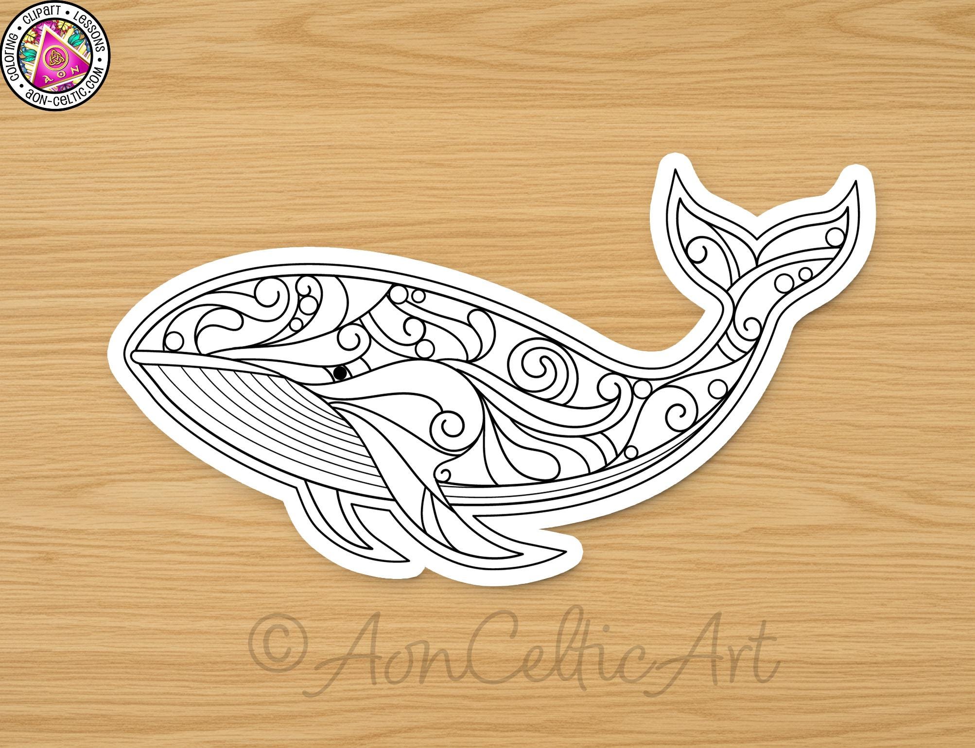 A stylized black and white illustration of a whale with intricate swirling patterns and designs.