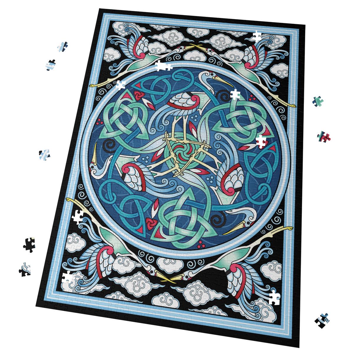 a large, intricate Celtic knot design with various elements such as birds, clouds, and geometric patterns. The design is surrounded by puzzle pieces, suggesting that the image is a completed puzzle.