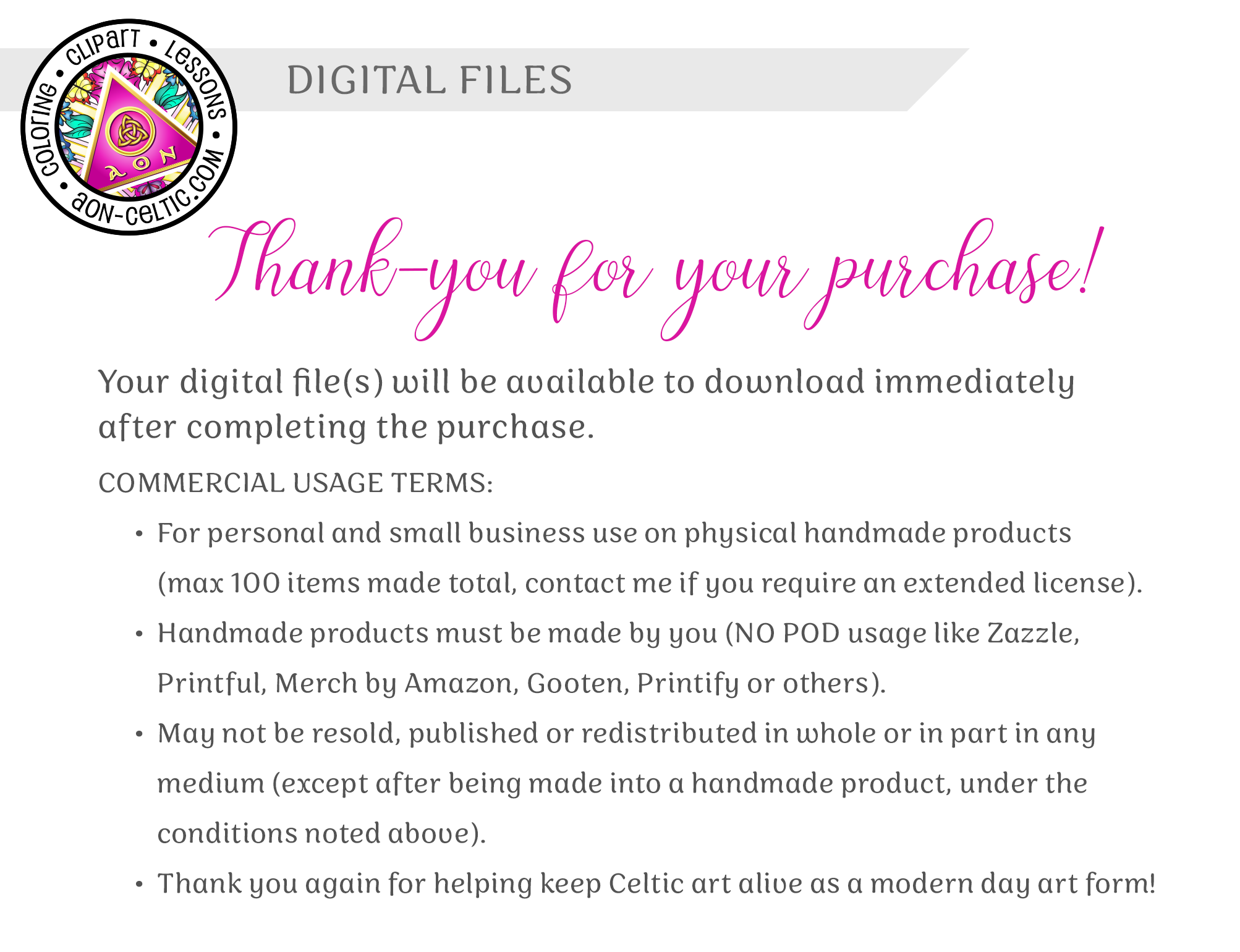 a thank you for your purchase from the digital files