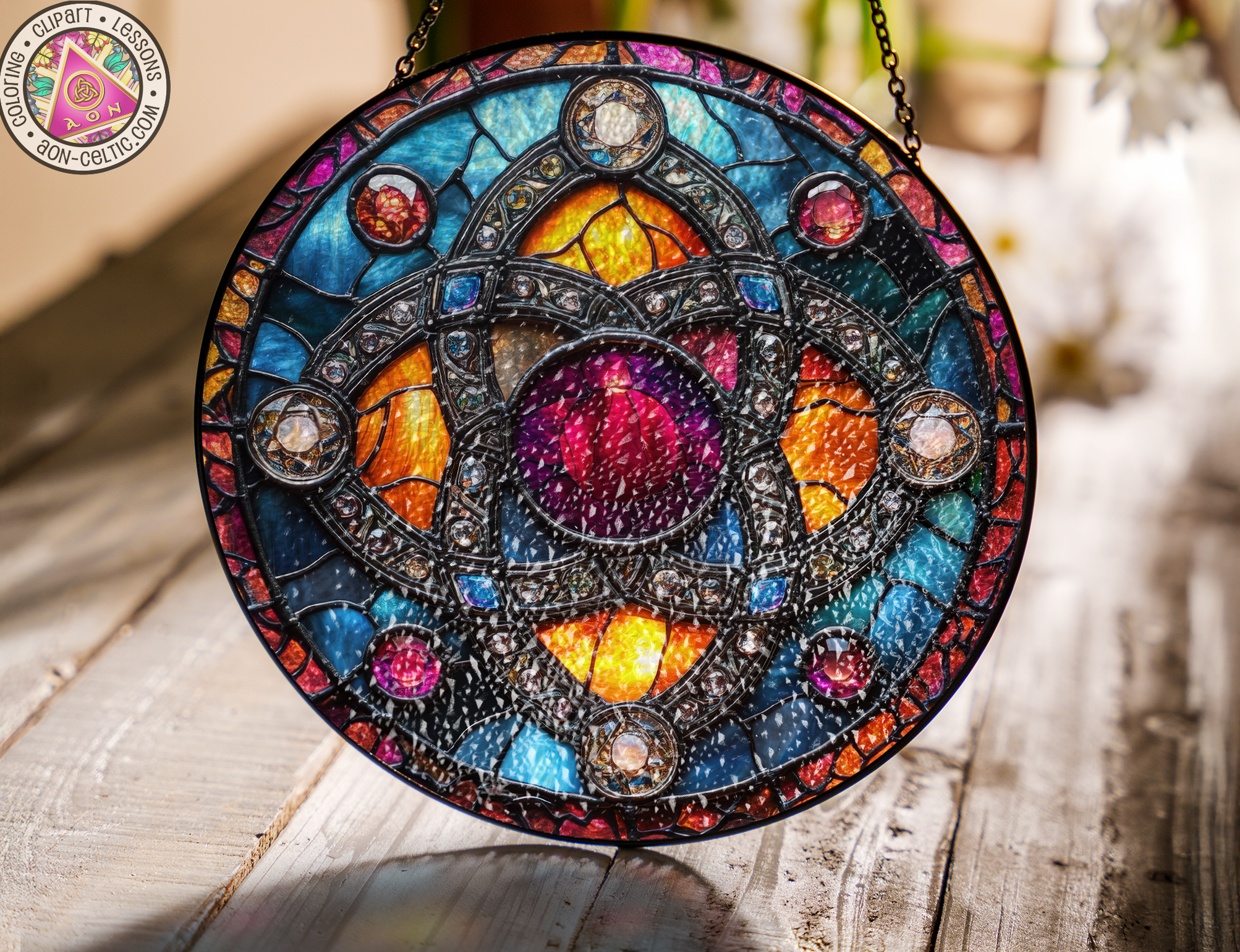 a stained glass sun catcher hanging on a chain