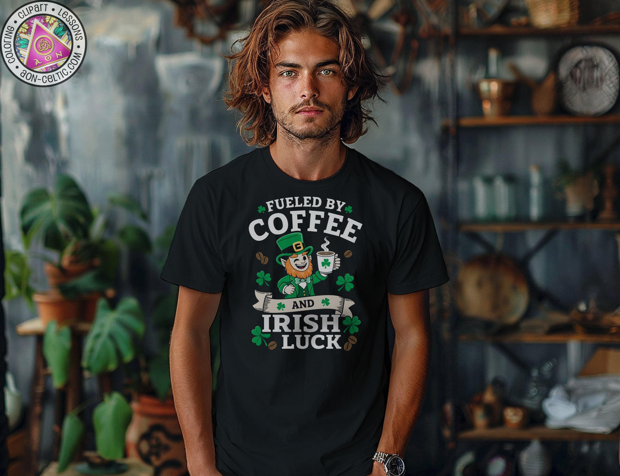 a man wearing a black t - shirt that says fueled by coffee and irish luck