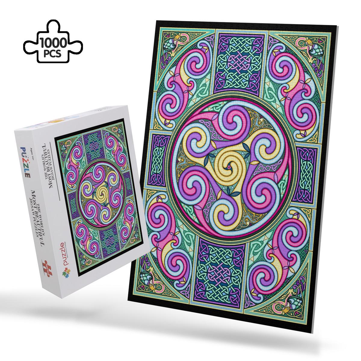 a large, colorful, and intricate Celtic-inspired design with swirling patterns in shades of pink, purple, green, and yellow.