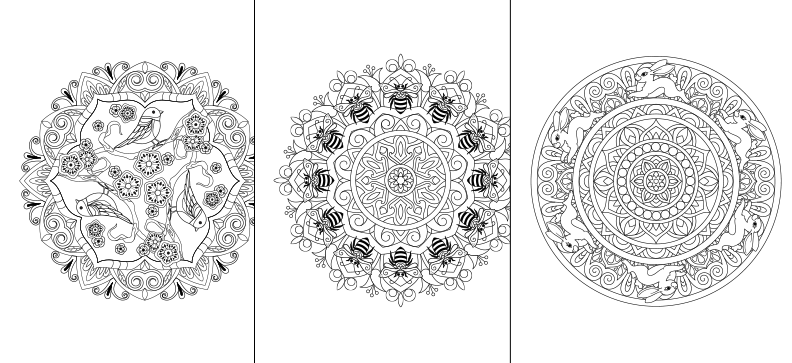 three coloring pages with different designs on them