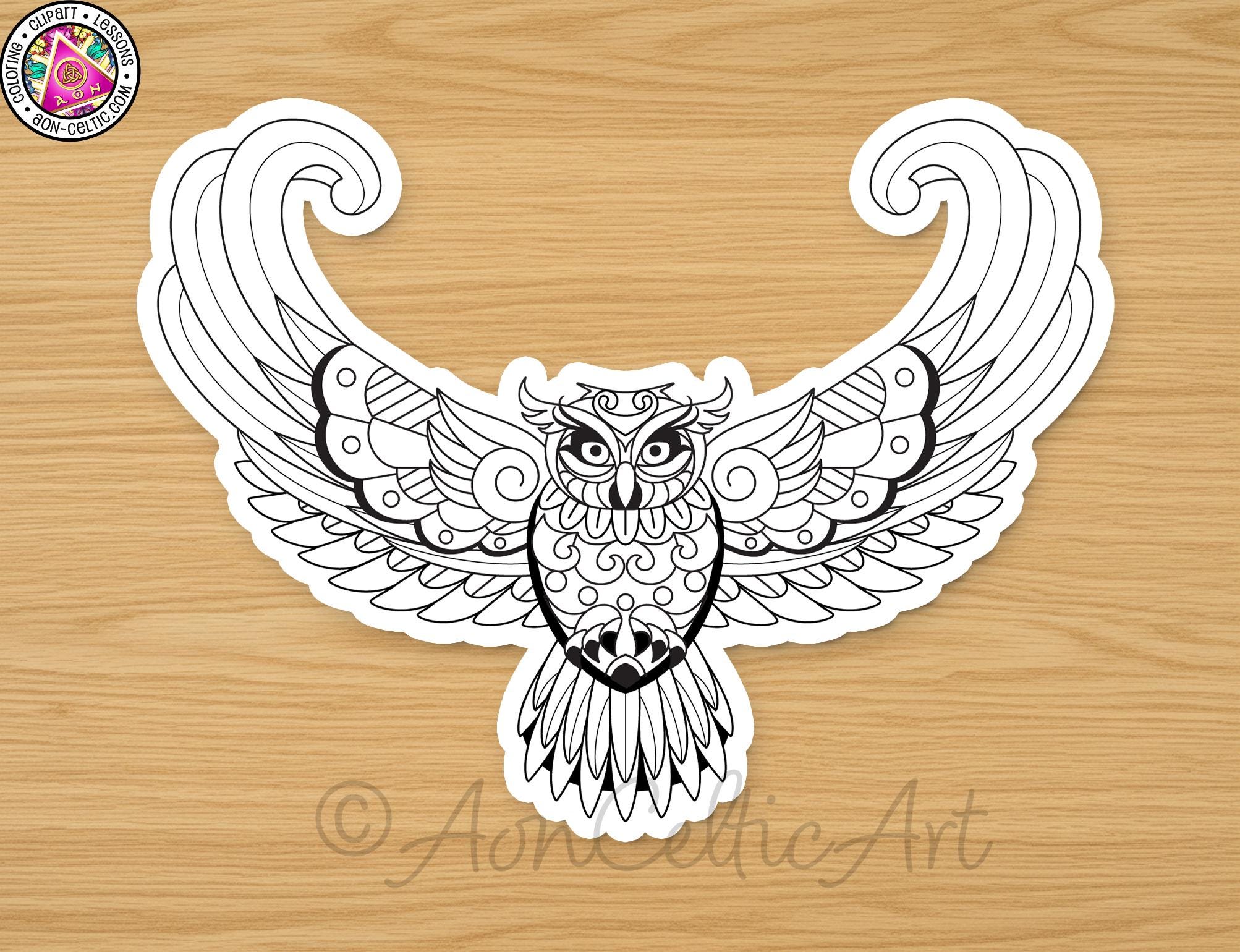 A stylized black and white illustration of an owl with intricate, decorative wings and a detailed body.