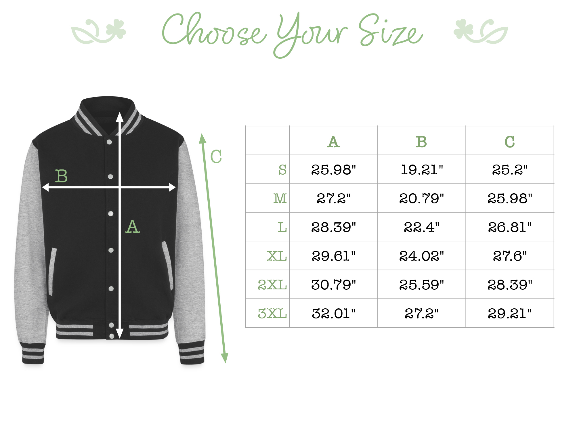 a black and gray jacket with measurements and sizes listed below it.