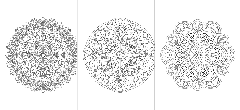 three intricate mandala designs, each with a unique and complex pattern. The mandala designs are arranged in a row, showcasing the artist's skill and creativity in creating these visually appealing and detailed patterns.