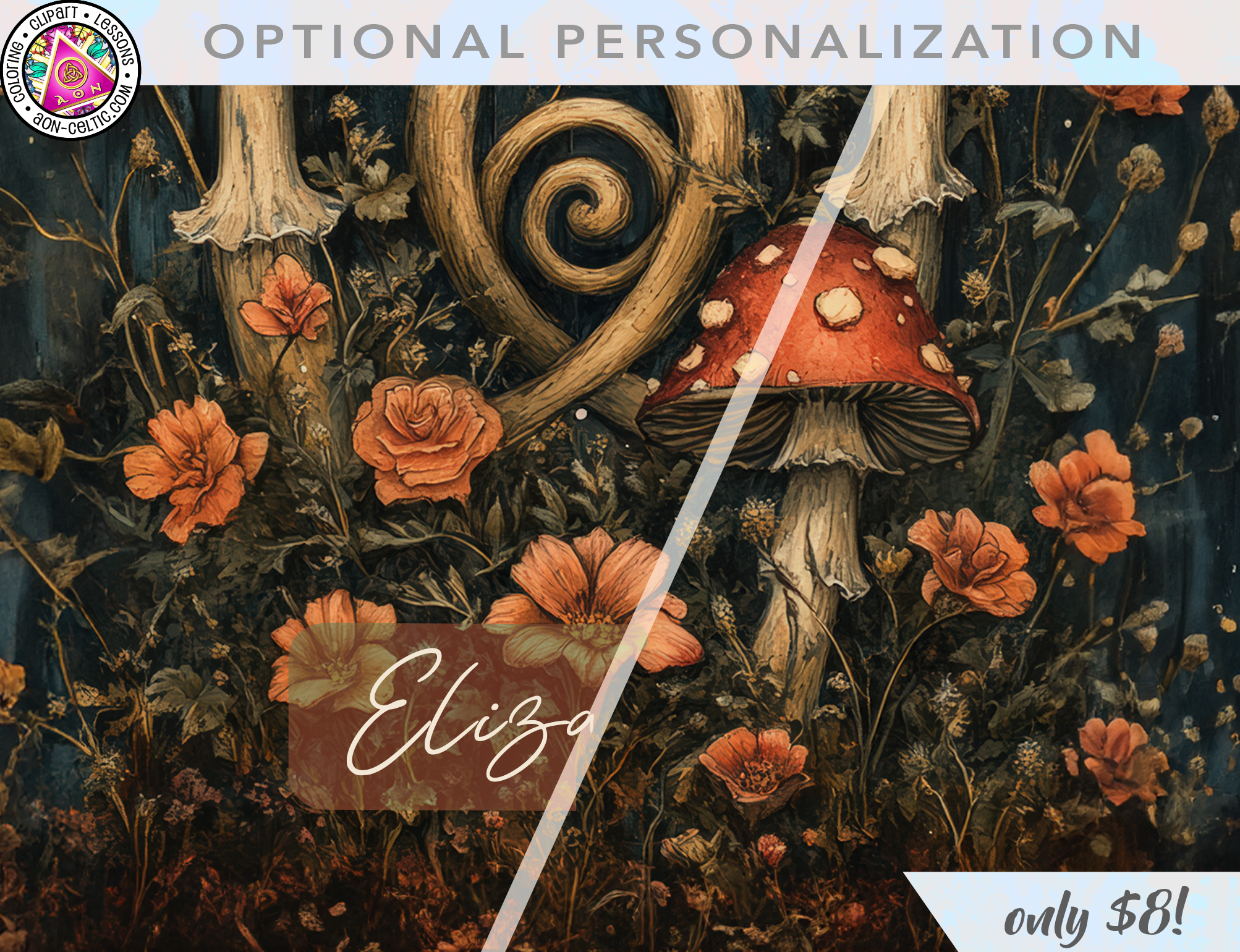 a painting of mushrooms and flowers with a name tag