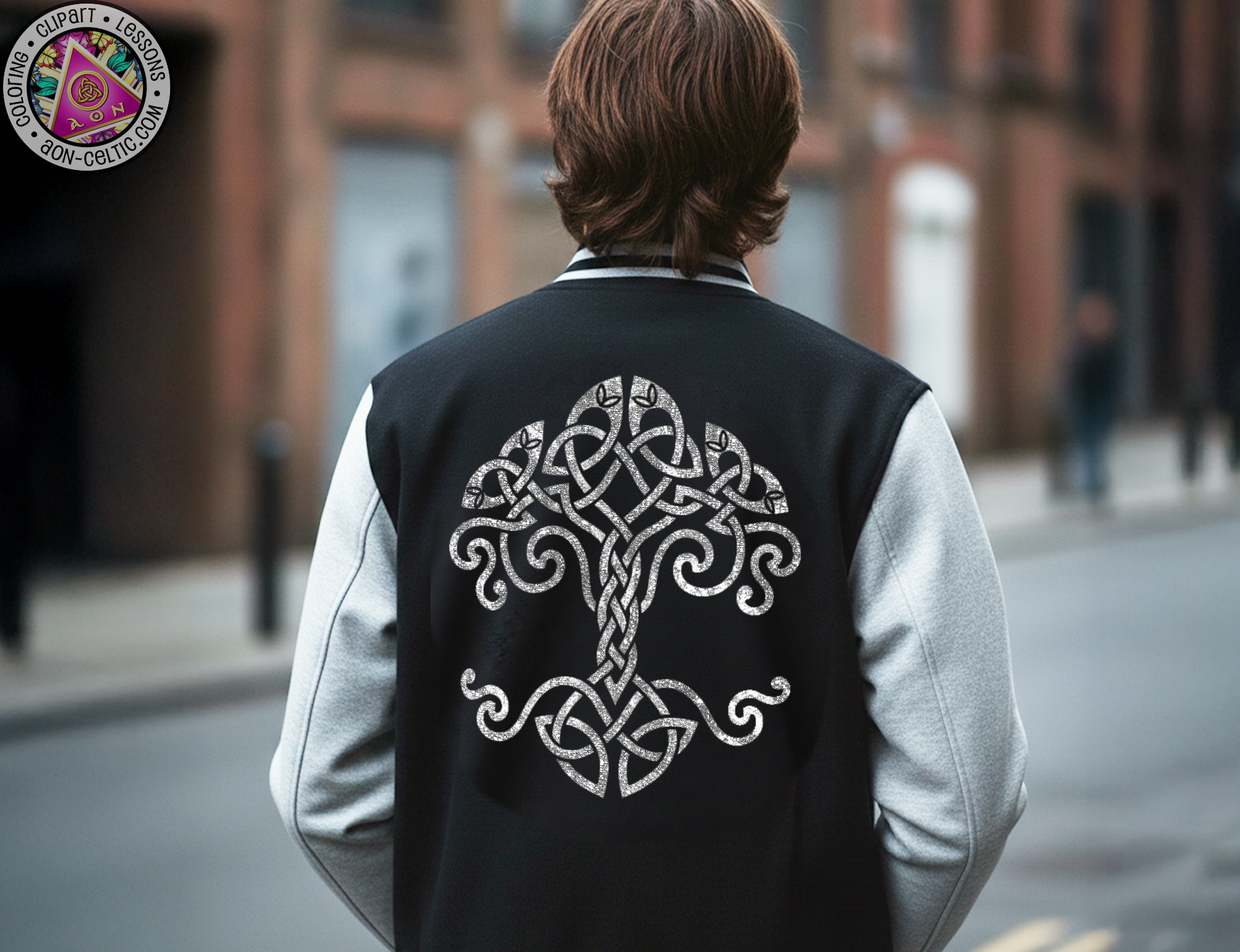 a person wearing a black and white jacket with a white tree design on the back.