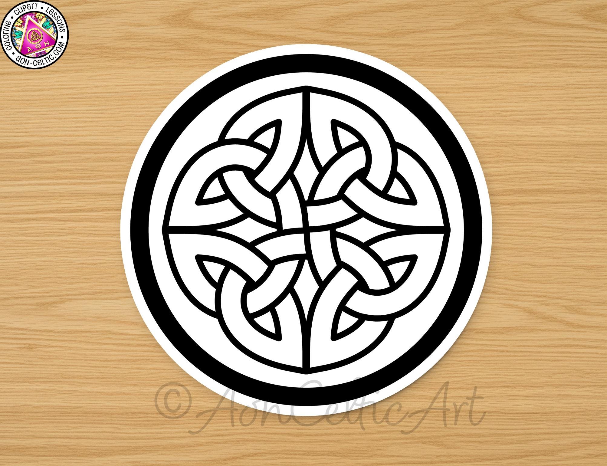 A circular design featuring a complex knot pattern in black and white.