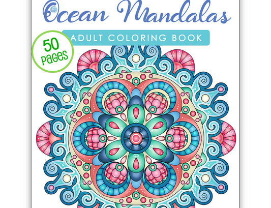The image is an adult coloring book cover for "Ocean Mandalas" featuring a vibrant, intricate mandala design with various colors and patterns.