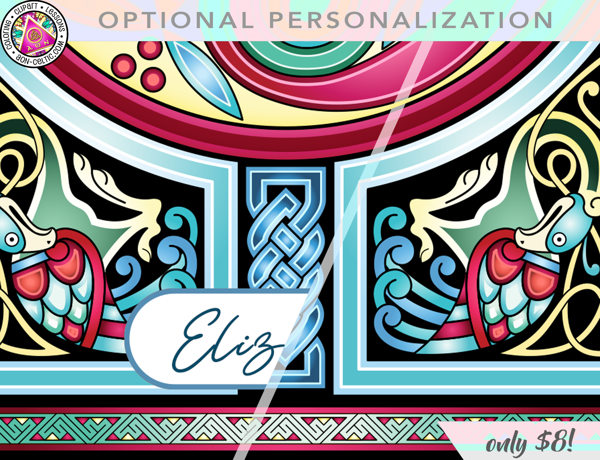 a picture of a colorful design with a name tag