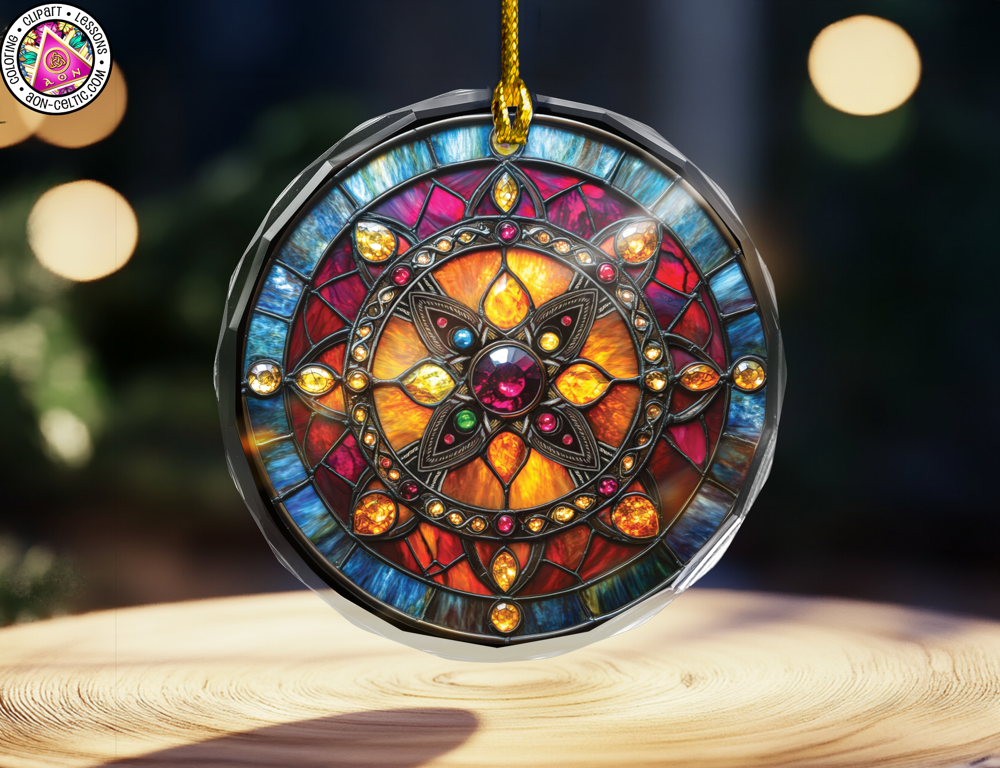 a stained glass ornament hanging on a wooden table
