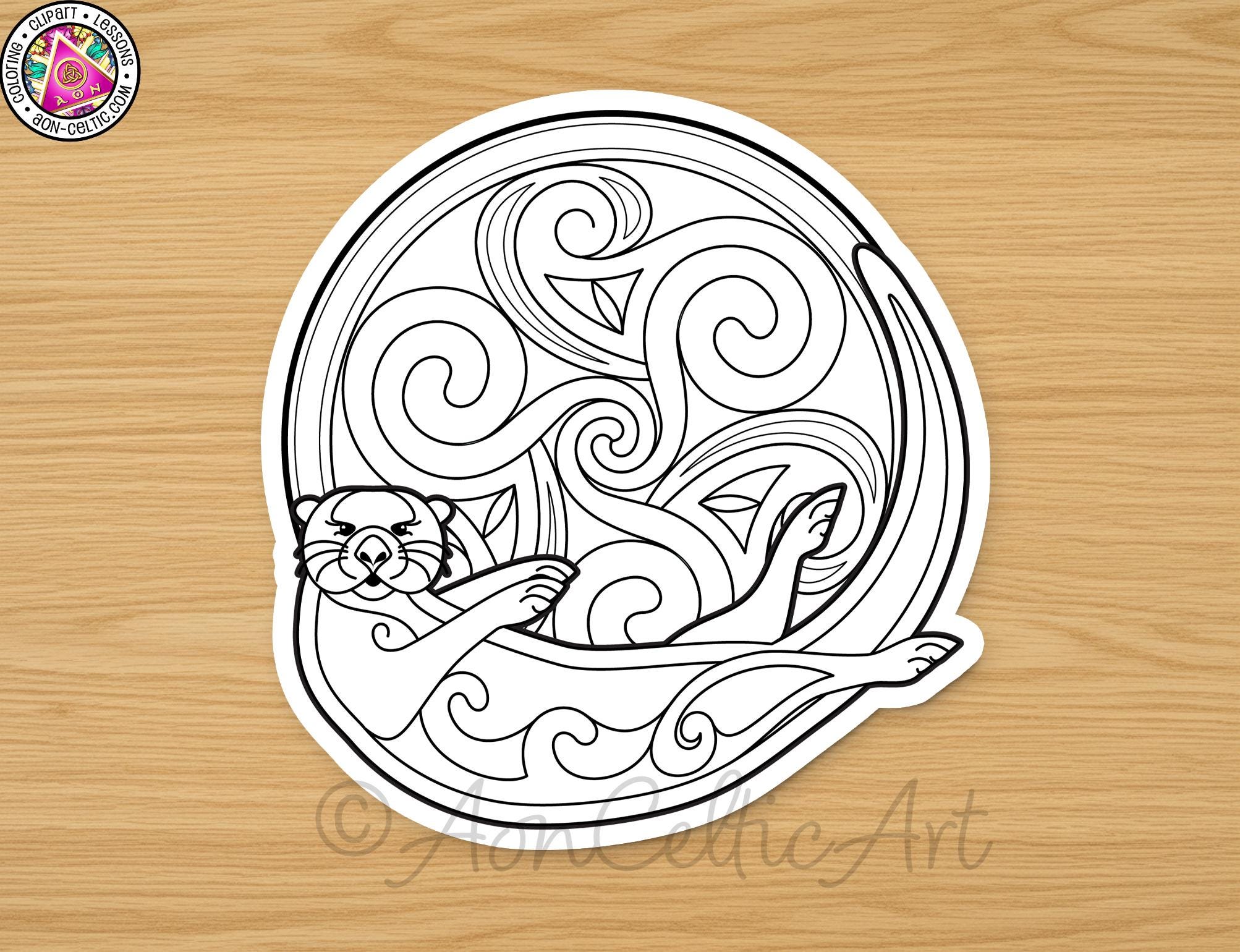 A black and white illustration of an otter swimming in a circular pattern, with swirling lines and shapes surrounding the otter.