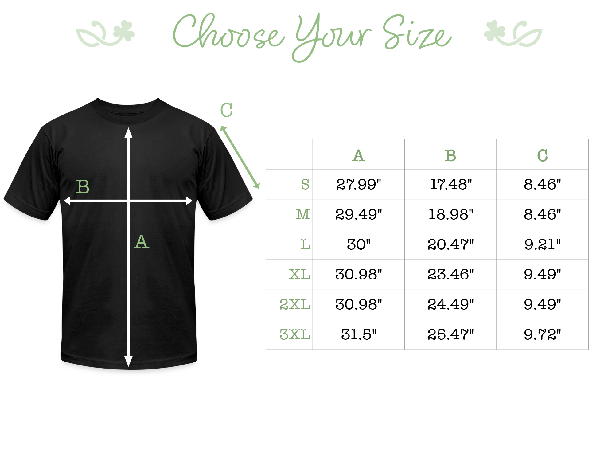 a black t-shirt with measurements and sizes indicated in a table format.