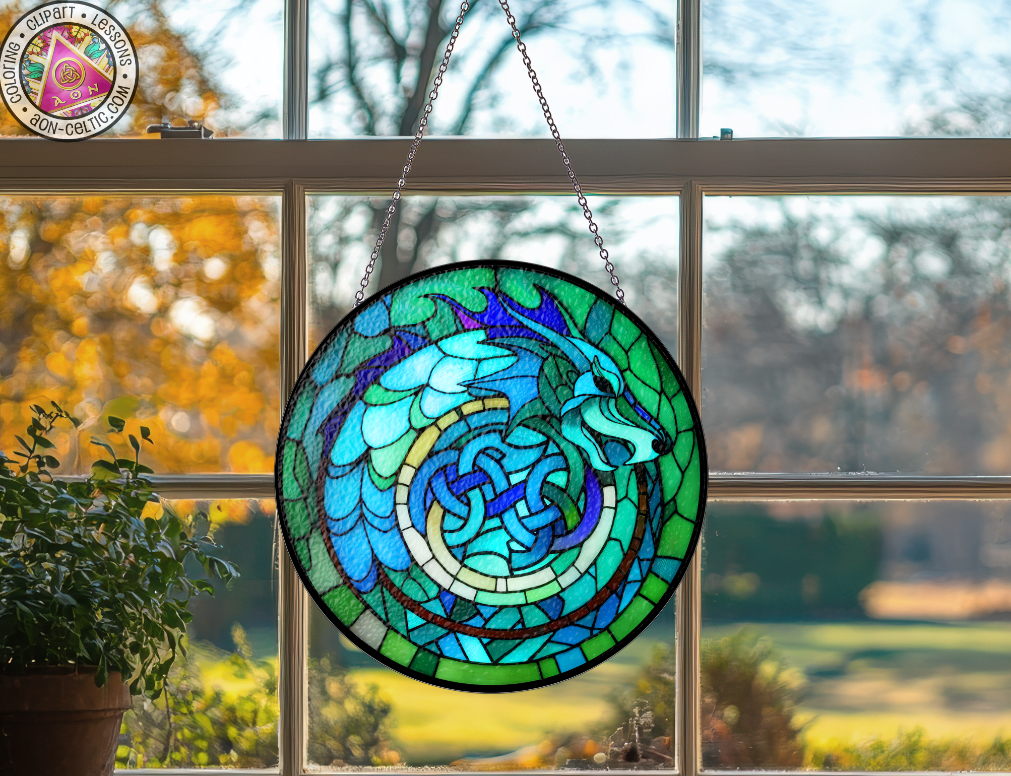 a stained glass window with a dragon on it