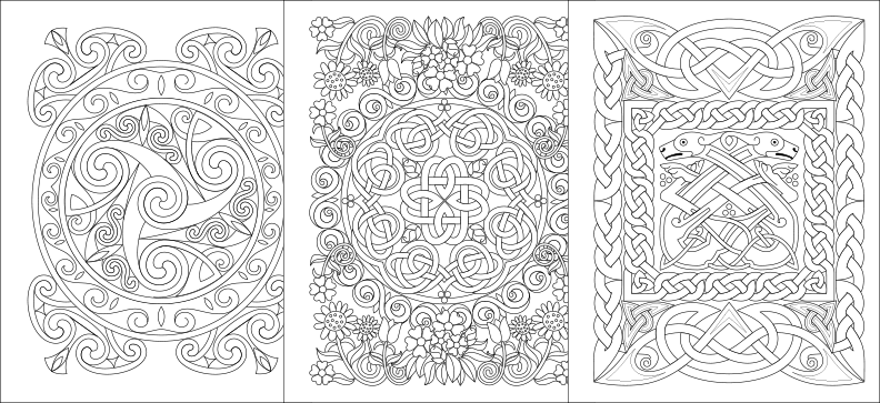a set of three coloring pages with celtic designs