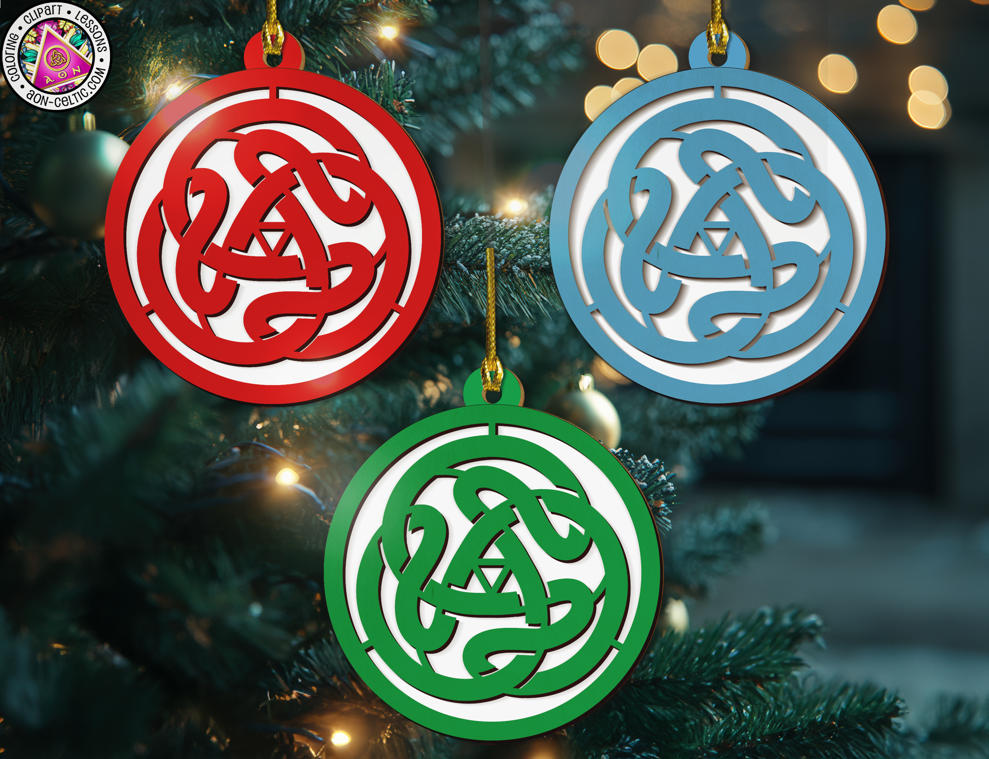 three ornaments hanging from a christmas tree