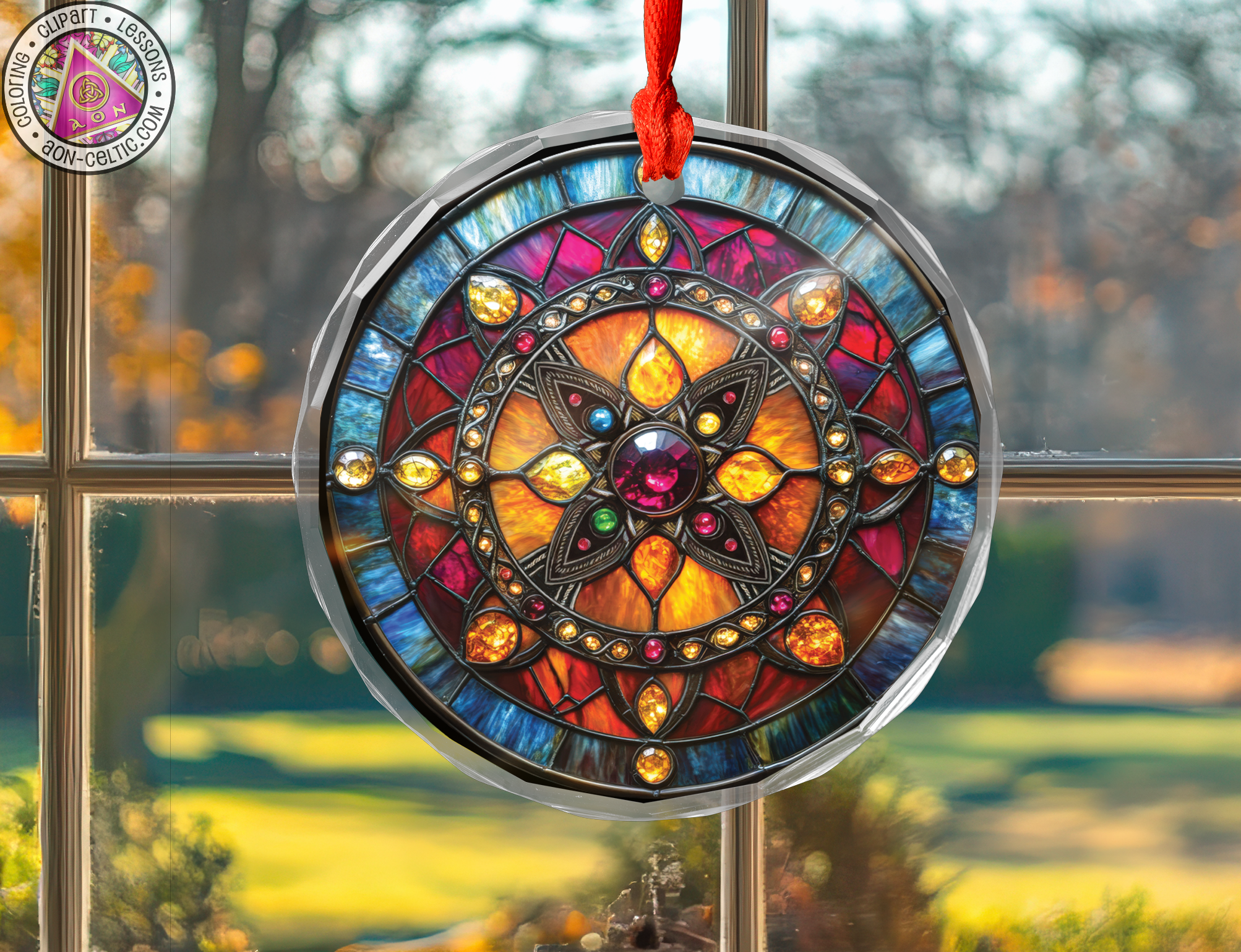 a stained glass sun catcher hanging from a window
