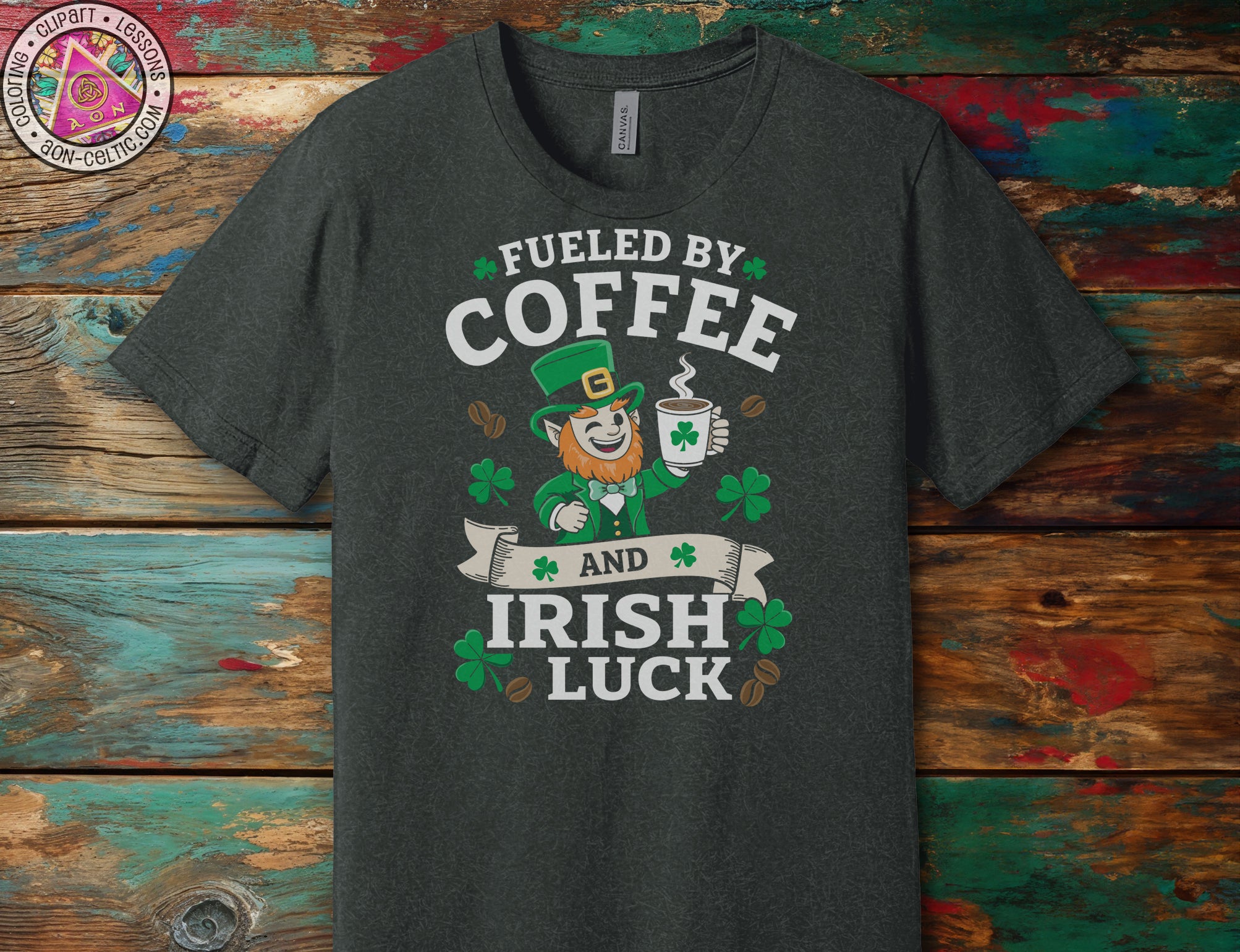 a t - shirt that says fueled by coffee and irish luck