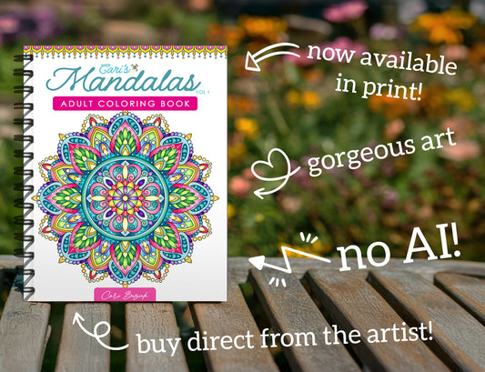 The image is an advertisement for a mandala coloring book, featuring a colorful mandala design on the cover and text highlighting the book's availability in print.
